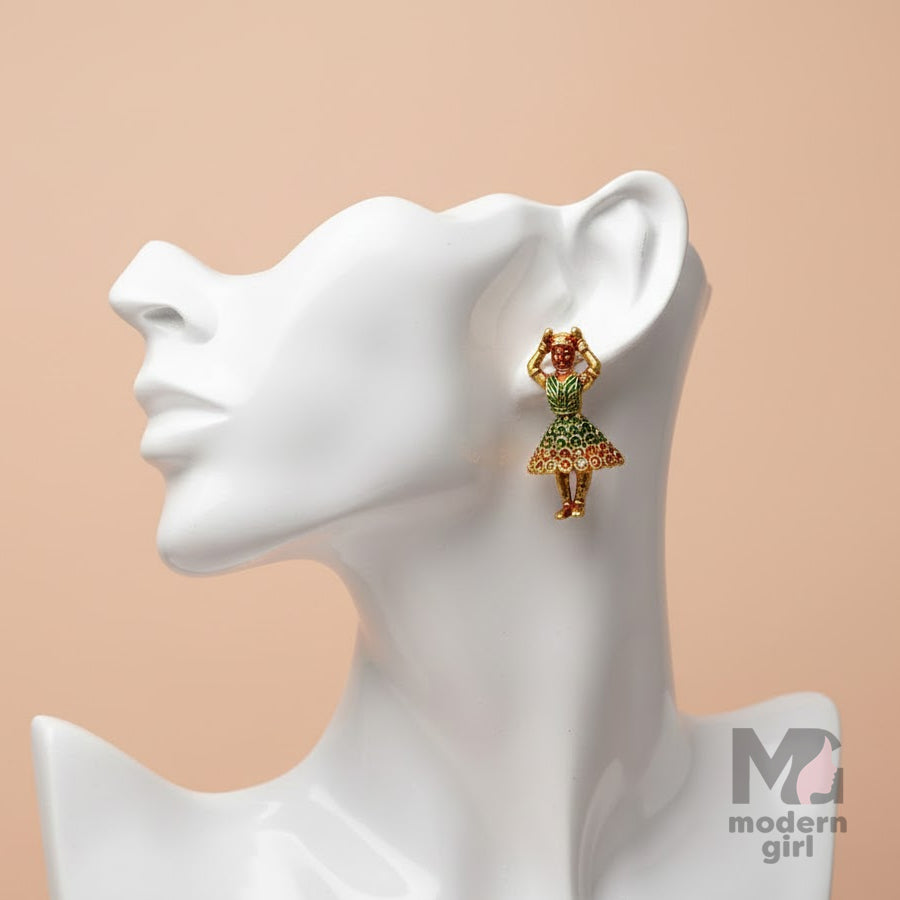 Traditional Dancer Jhumka – Antique Gold Finish Doll Design with Red & Green Enamel