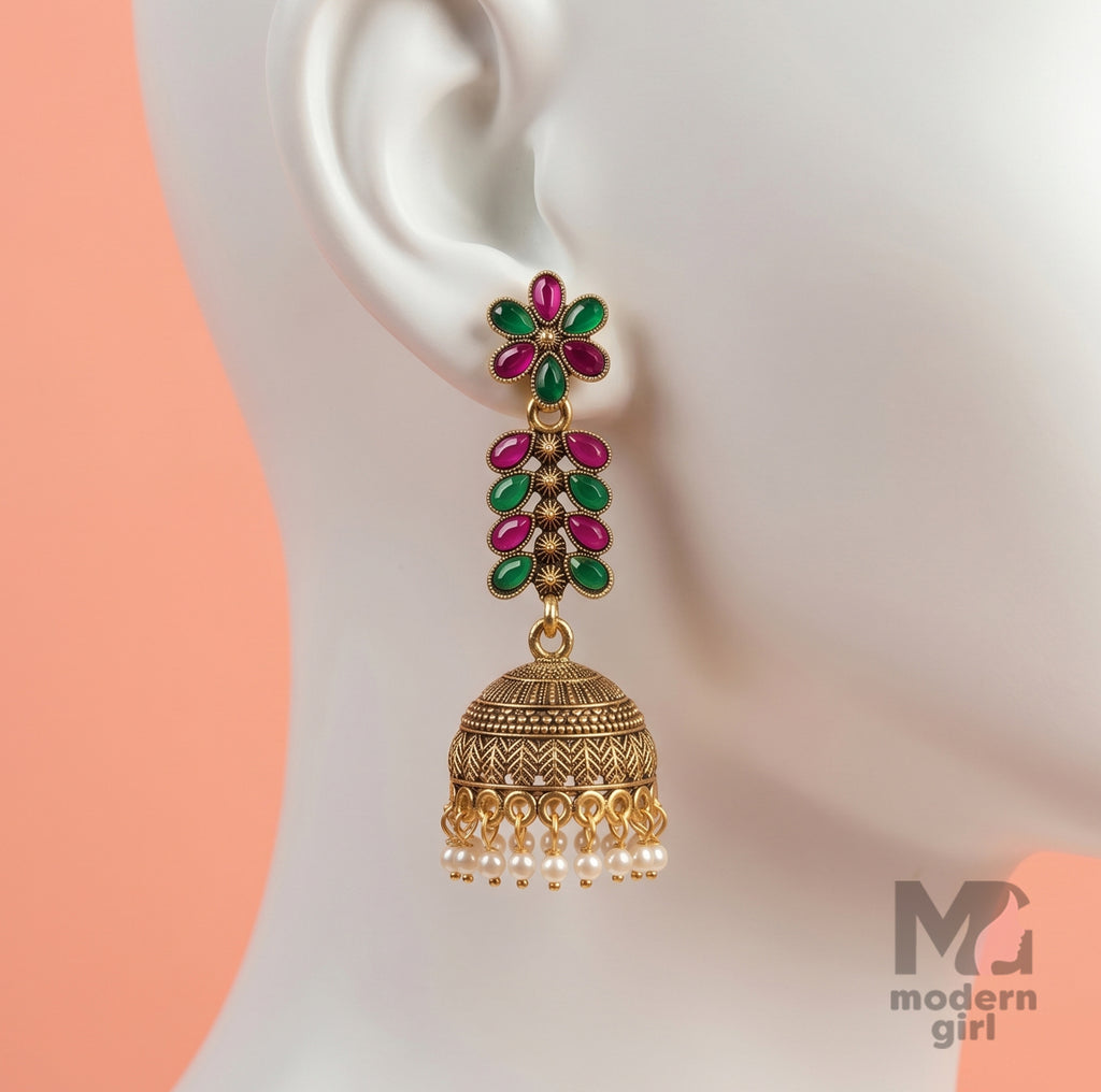 Emerald Ruby Pearl Jhumka Earrings – Antique Floral Ethnic Design