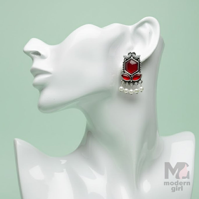 Stone & Pearl Dangler Silver Earrings