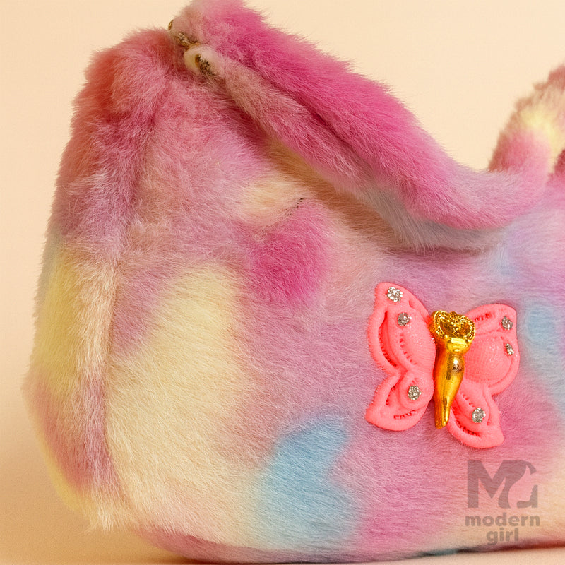 Pastel Fur Shoulder Bag with Butterfly Charm – Cute & Trendy Handbag for Girls