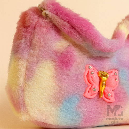 Pastel Fur Shoulder Bag with Butterfly Charm – Cute & Trendy Handbag for Girls