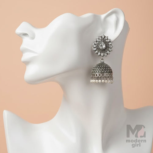 German Silver Stone-Studded Floral Jhumka Earrings with Pearl Drops