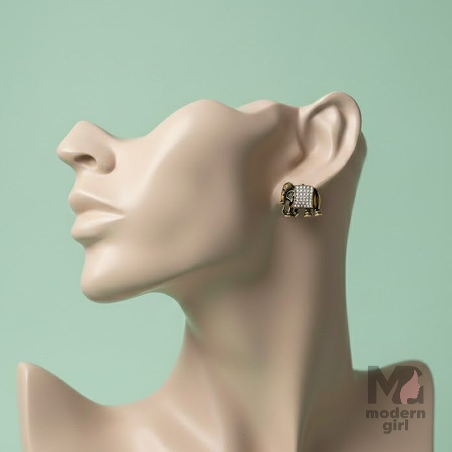 Elephant Motif Pearl Stud Earrings – German Silver (Antique Finish)