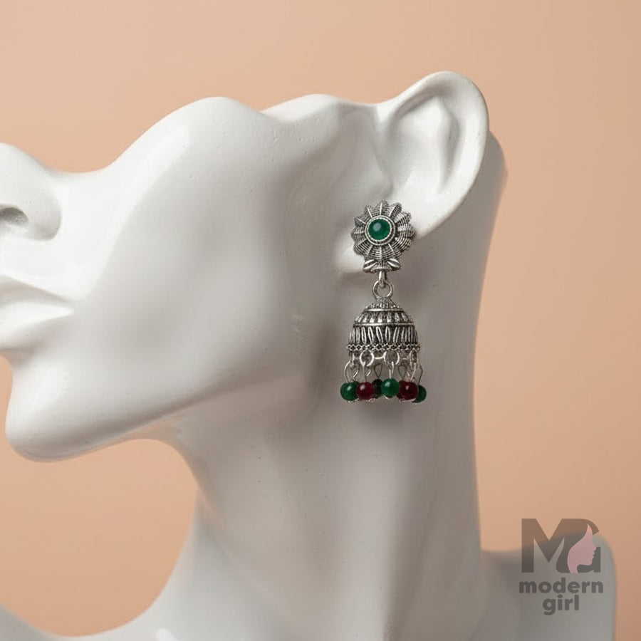 Floral Stud Oxidised Silver Jhumka Earrings
