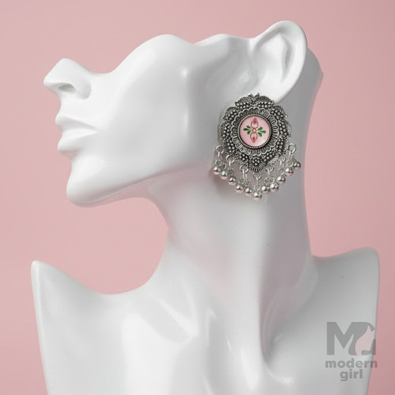 German Silver Earrings with Floral Artwork & Beaded Danglers