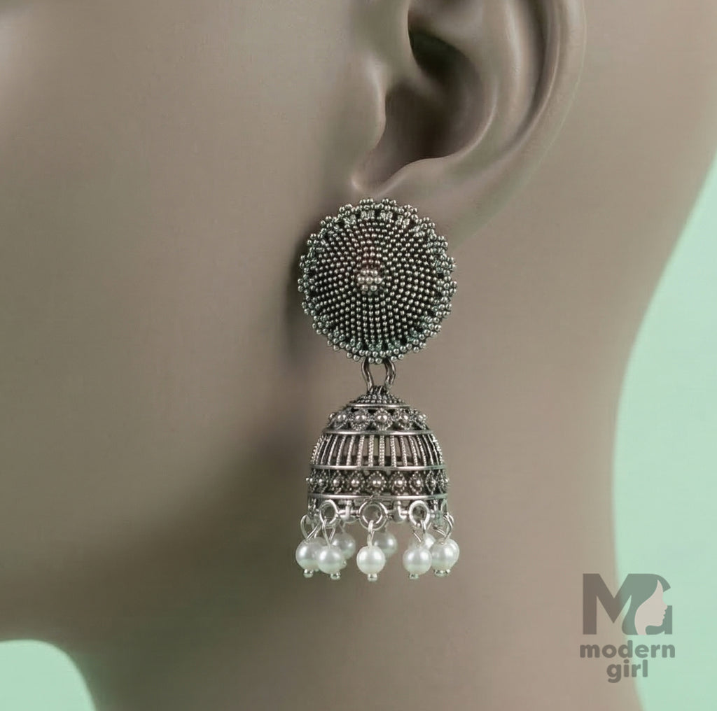 Royal Dome Oxidized Silver Jhumka Earrings with Pearl Drops