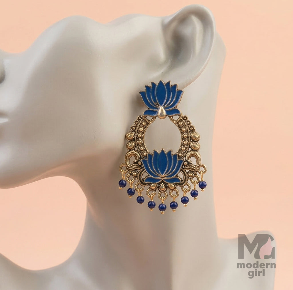 Lotus Design Antique Gold Plated Statement Earrings for Women