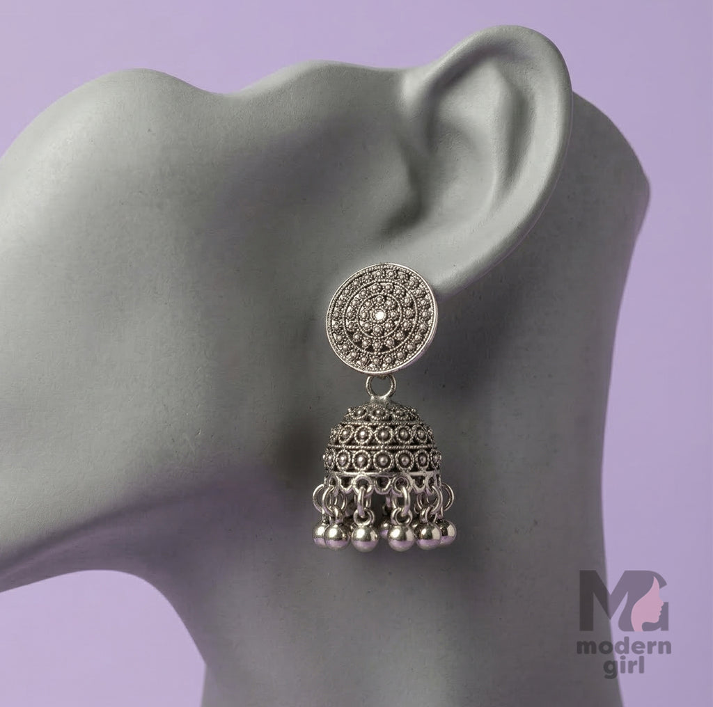 Round Stud Oxidized Silver Jhumka Earrings for Women