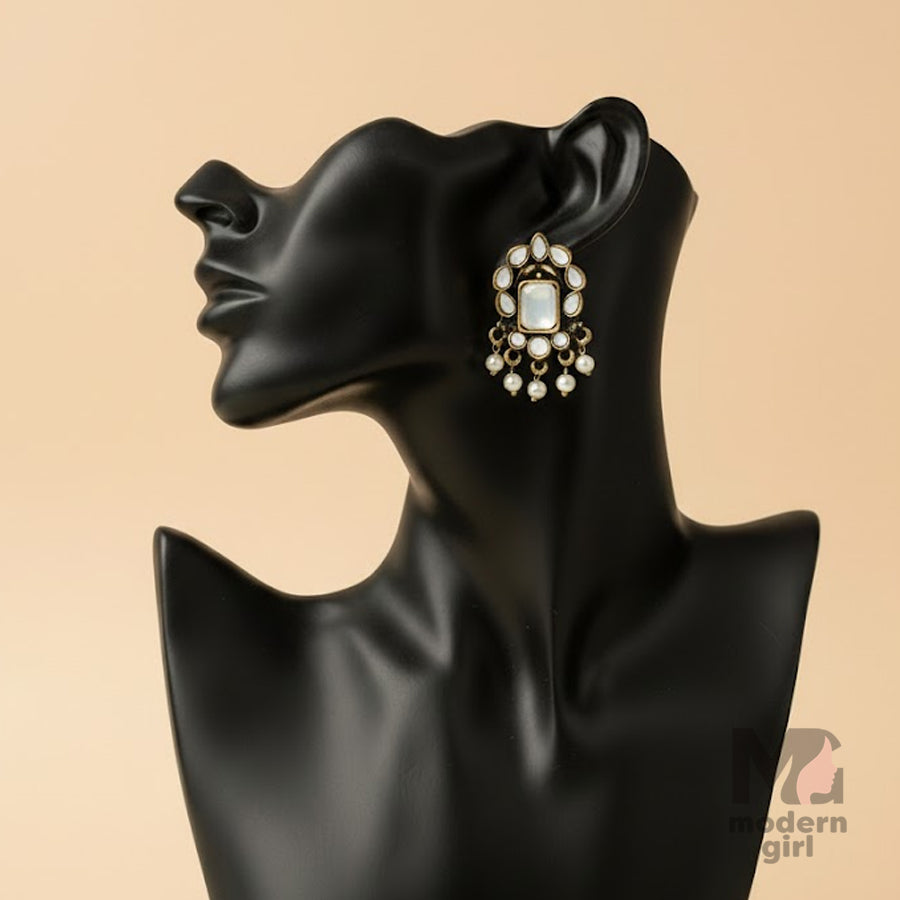 Elegant Kundan Pearl Drop Earrings – Premium German Silver