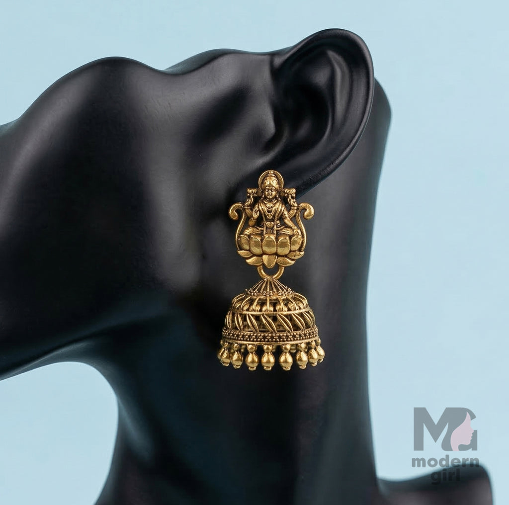 Antique Gold Lakshmi Jhumka Earrings for Women | Traditional Temple Jewelry