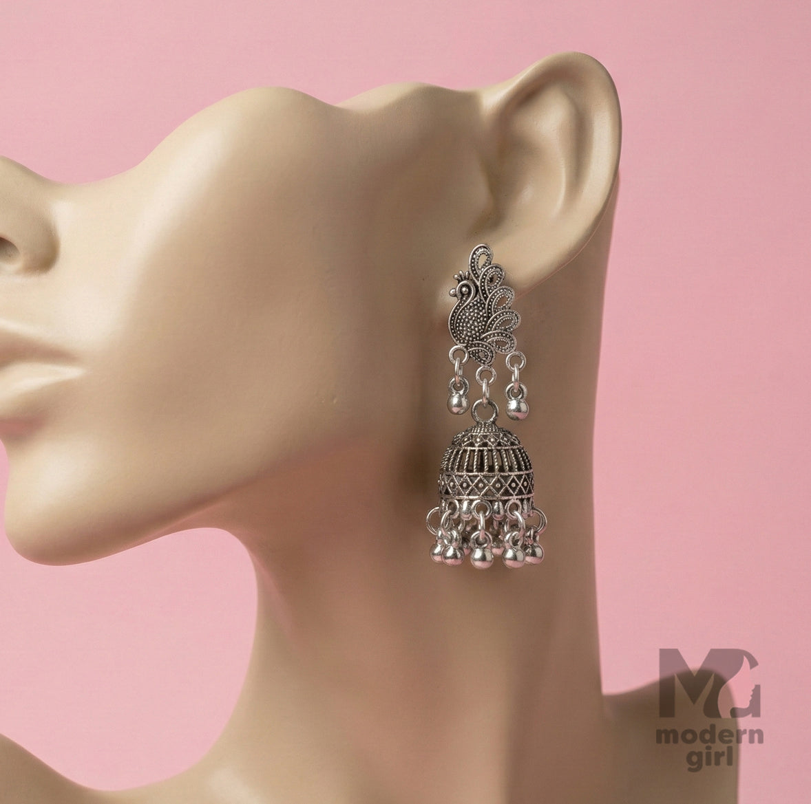 Oxidised Silver Jhumka Earrings with Peacock Design and Dangling Beads