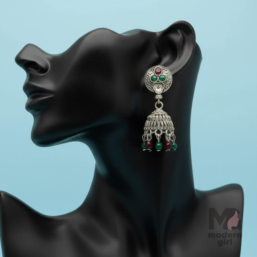 Antique Silver Jhumka Earrings with Multi-Stone Beads