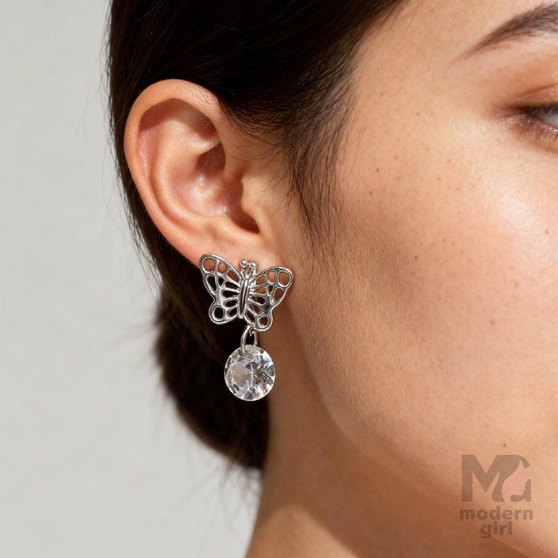 Butterfly Crystal Drop Earrings – Silver Finish