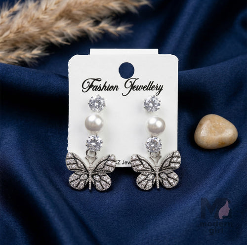 Luxury Gold & Silver Butterfly Pearl & Crystal Drop Earrings