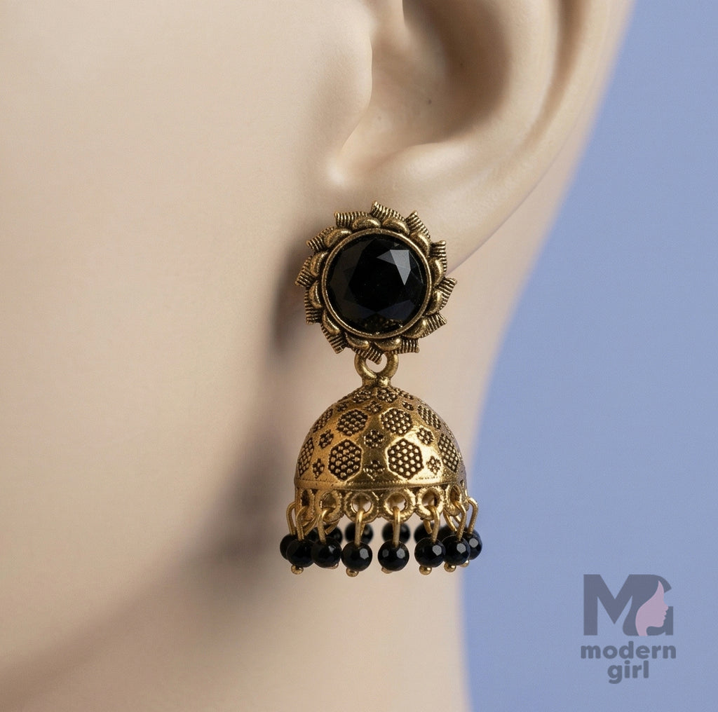 Floral Stone Jhumka Earrings with Beaded Drops | Antique Ethnic Jewelry for Women