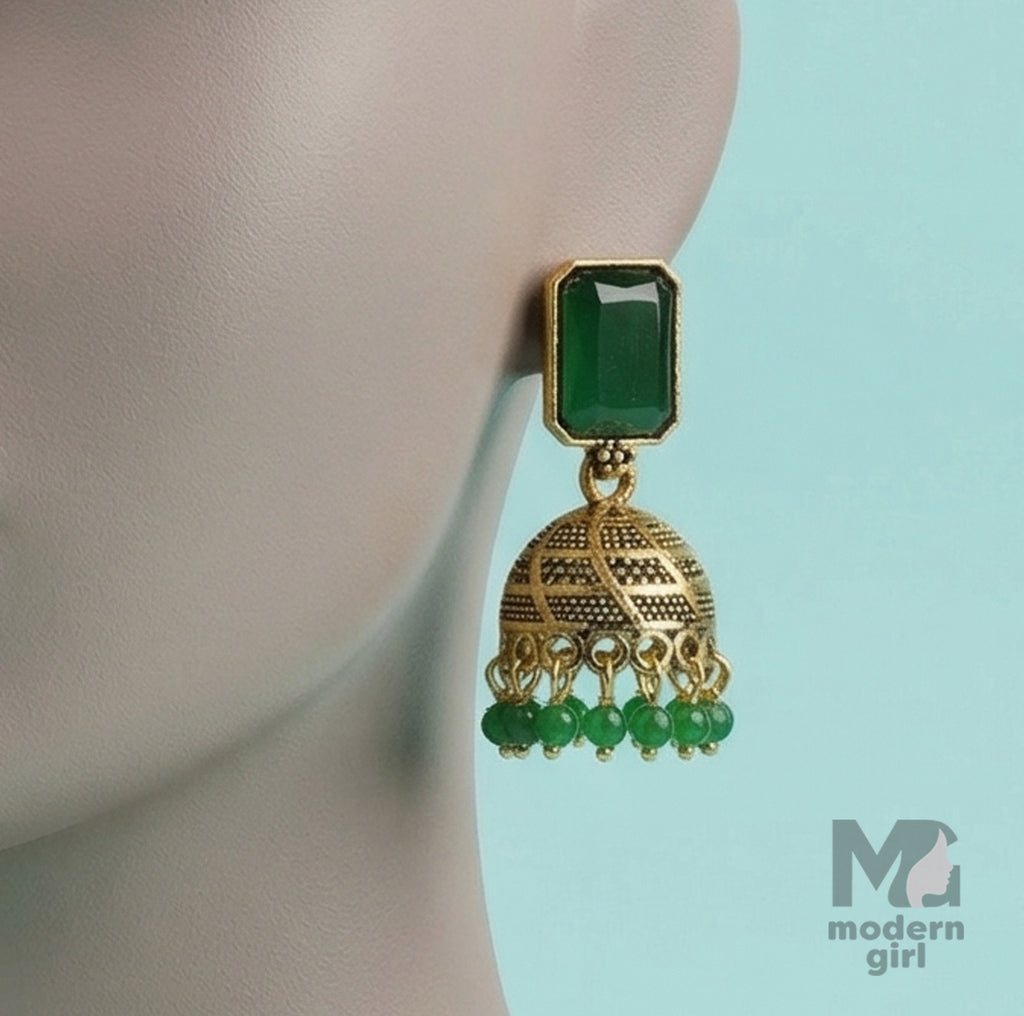 Geometric Stone Jhumka Earrings with Beaded Drops | Antique Ethnic Jewelry for Women