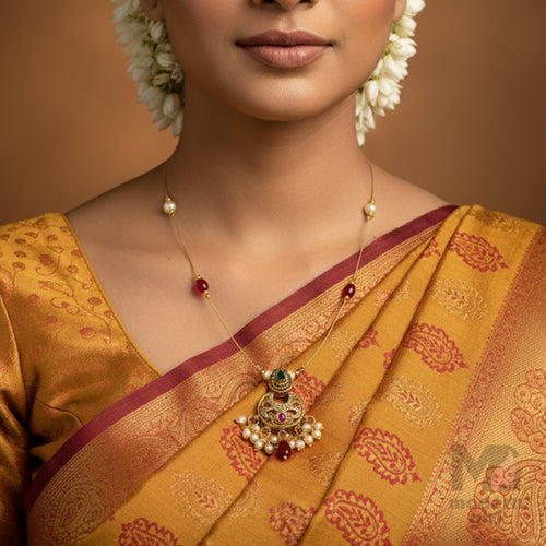 Invisible Chain Temple Necklace with Ruby, Emerald & Pearls