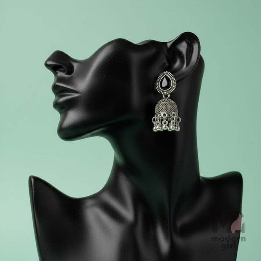 Oxidised Black Stone Teardrop Jhumka Earrings
