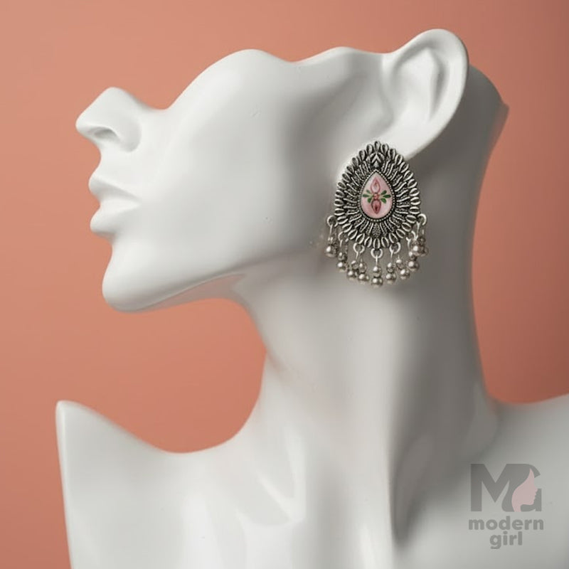 Enamel Floral Dangler Silver Earrings