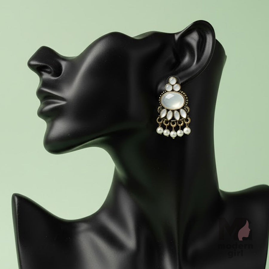 Classic Pearl Drop Stud Earrings – German Silver (Antique Finish)