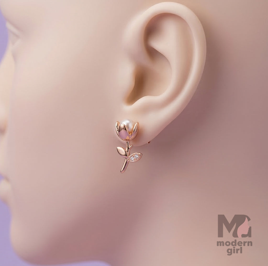 Rose Bud Pearl Stud Earrings