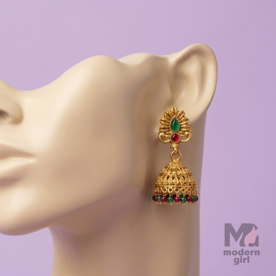 Gold Plated Temple Jhumka Earrings with Green Red Stone