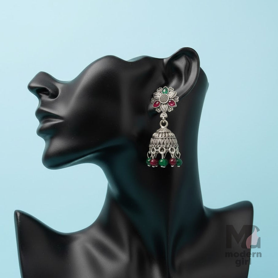 Oxidized Silver Floral Jhumka Earrings with Ruby & Emerald Beads
