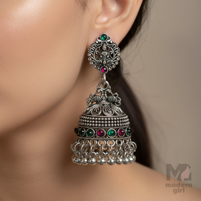 Oxidised Silver Temple Jhumka Earrings with Green & Pink Stones