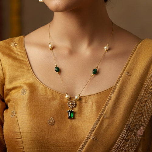 Invisible Chain Necklace with Green Stone & Pearls
