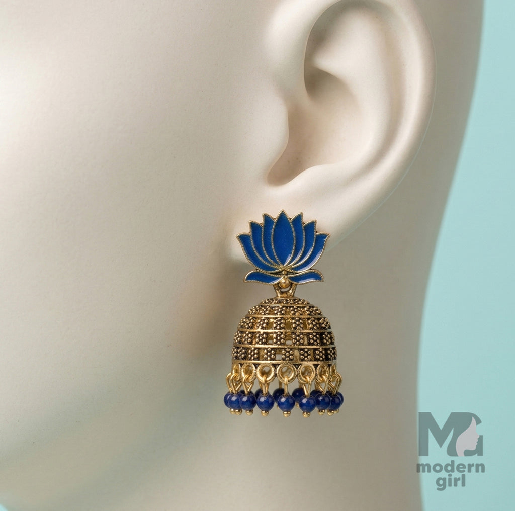 Lotus Design Temple Jhumka Earrings with Beaded Drops