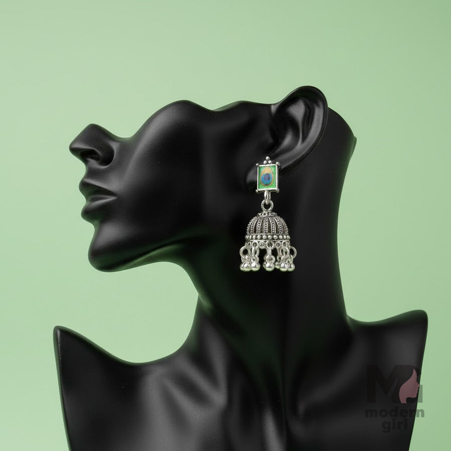 Peacock Feather Square Stud Jhumka Earrings – Silver Tone