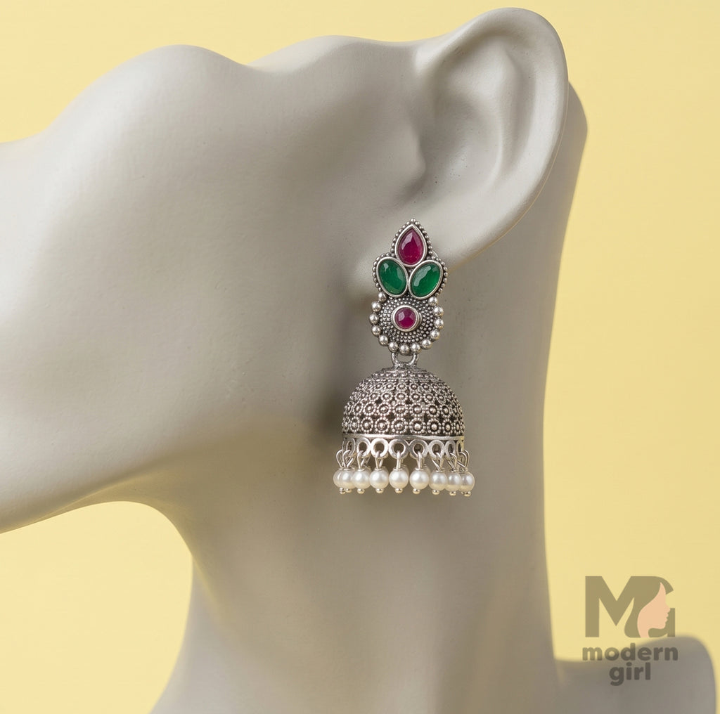 Emerald Ruby Pearl Jhumka Earrings – Antique Silver Ethnic Design