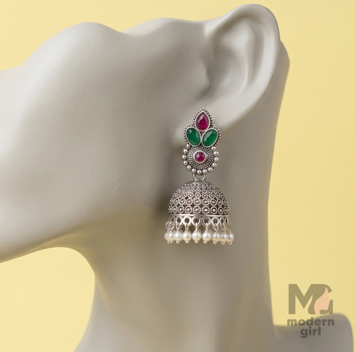 Emerald Ruby Pearl Jhumka Earrings – Antique Silver Ethnic Design