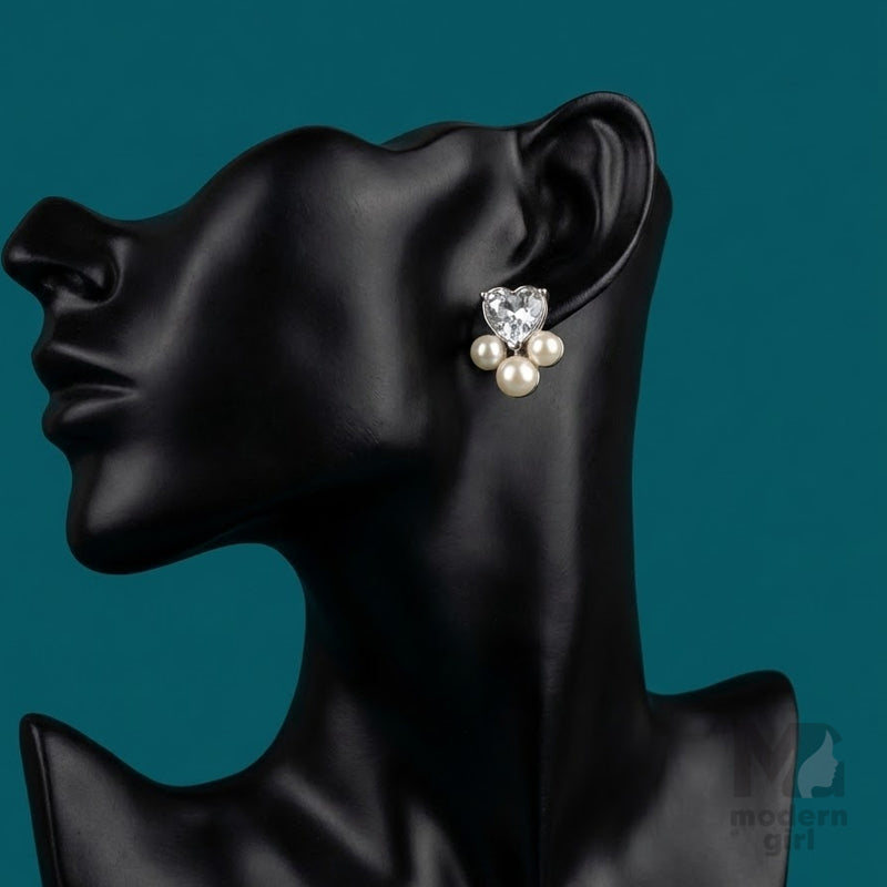 Crystal Heart Pearl Cluster Earrings