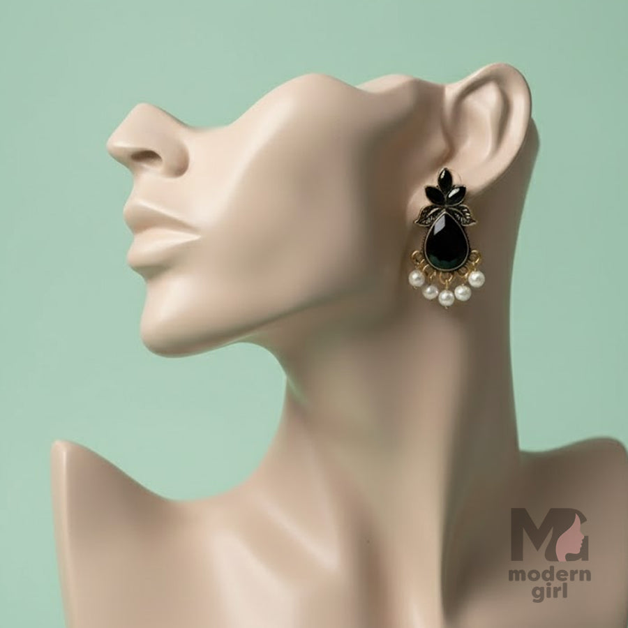Black Onyx Pearl Drop Stud Earrings – German Silver (Antique Finish)