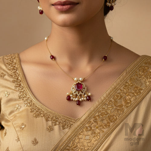 Invisible Chain Necklace with Ruby Pendant & Pearls