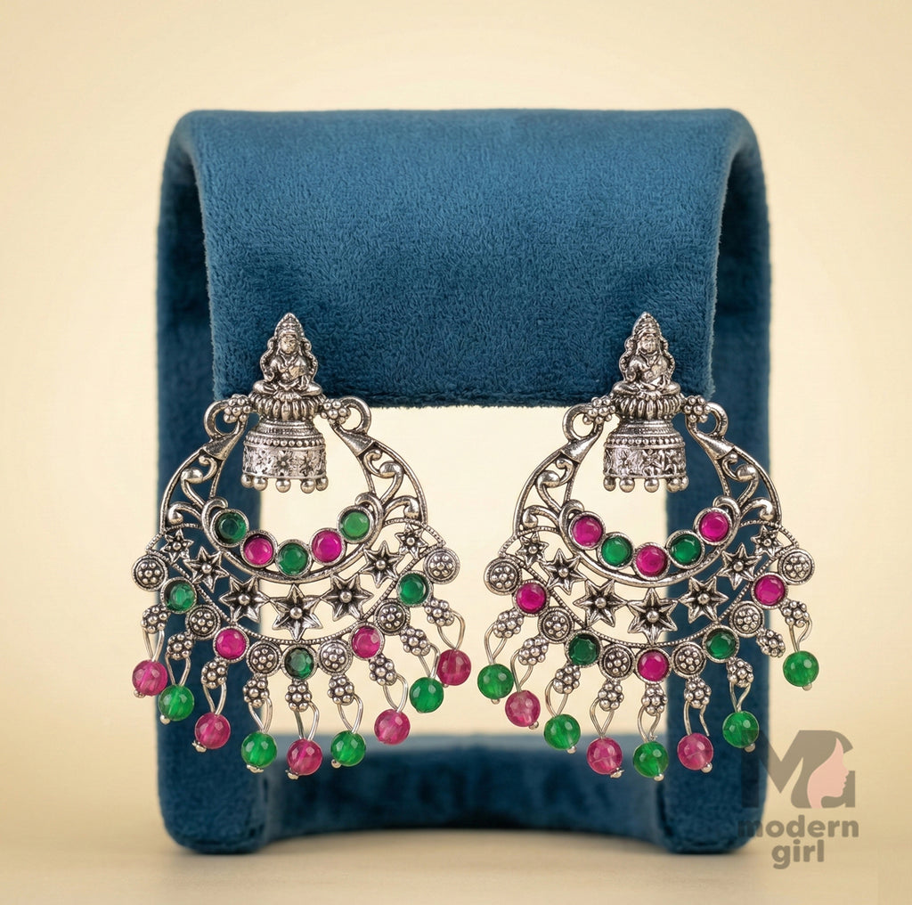 Lakshmi Design Temple Chandbali Earrings with Green & Pink Stones