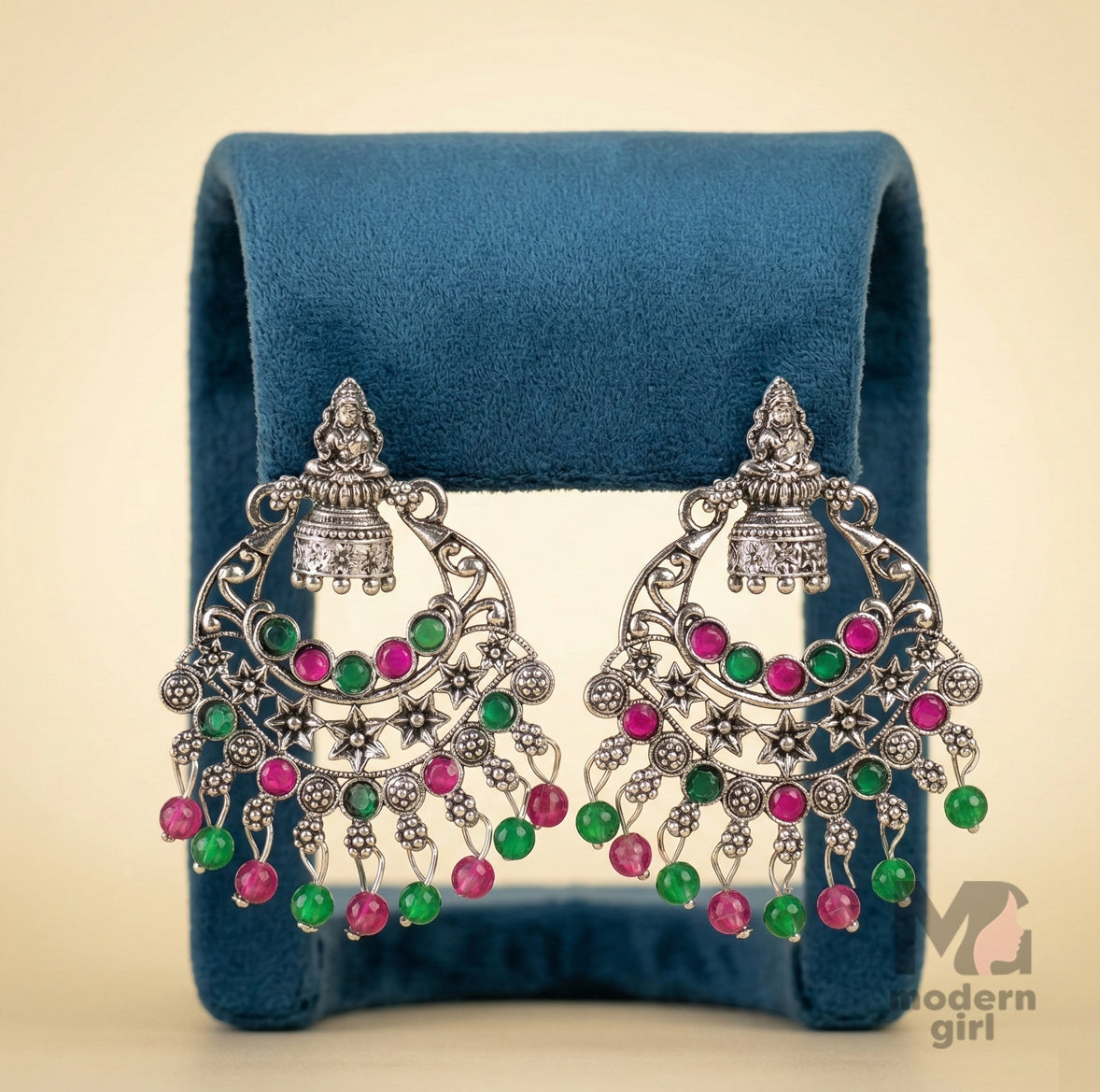 Lakshmi Design Temple Chandbali Earrings with Green & Pink Stones