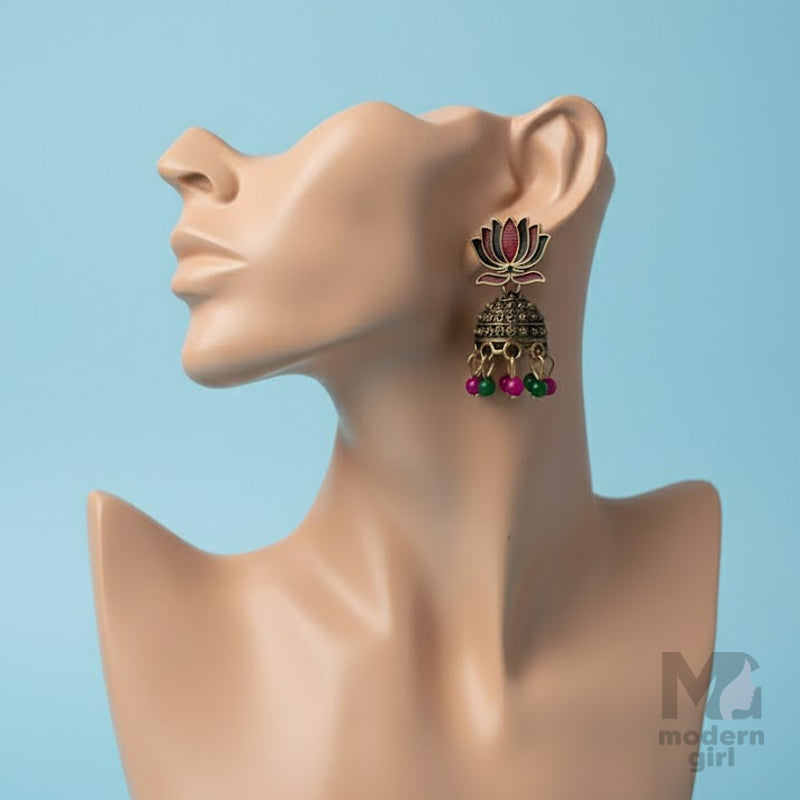 Antique Lotus Top Jhumka with Pink & Green Beads