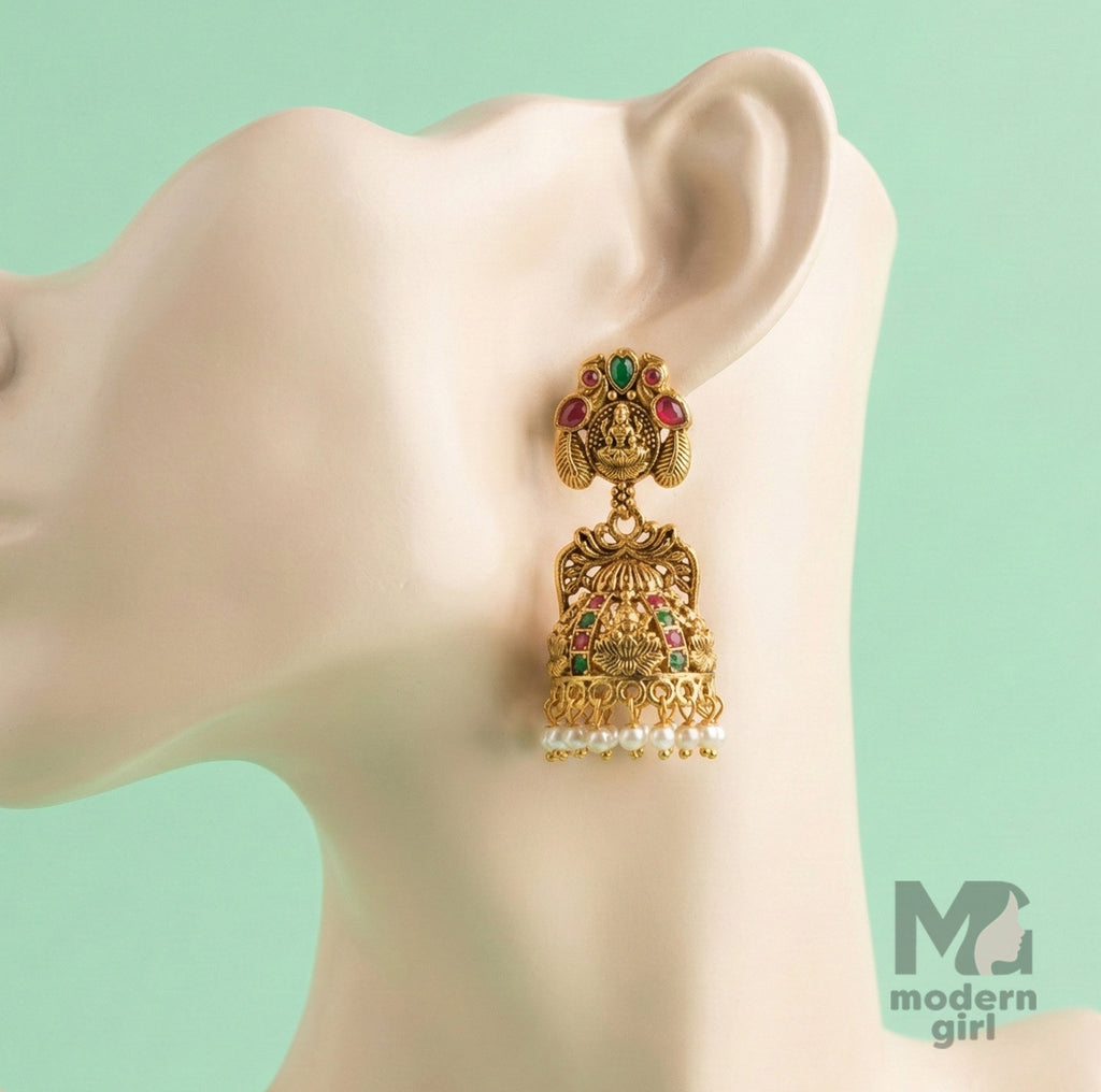 Antique Temple Jhumka Earrings with Pearl Drops