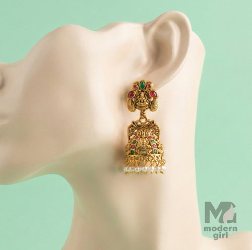 Antique Temple Jhumka Earrings with Pearl Drops