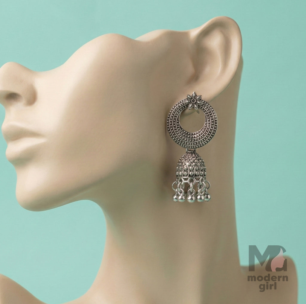 Oxidised Silver Circular Jhumka Earrings with Floral Design & Dangling Beads