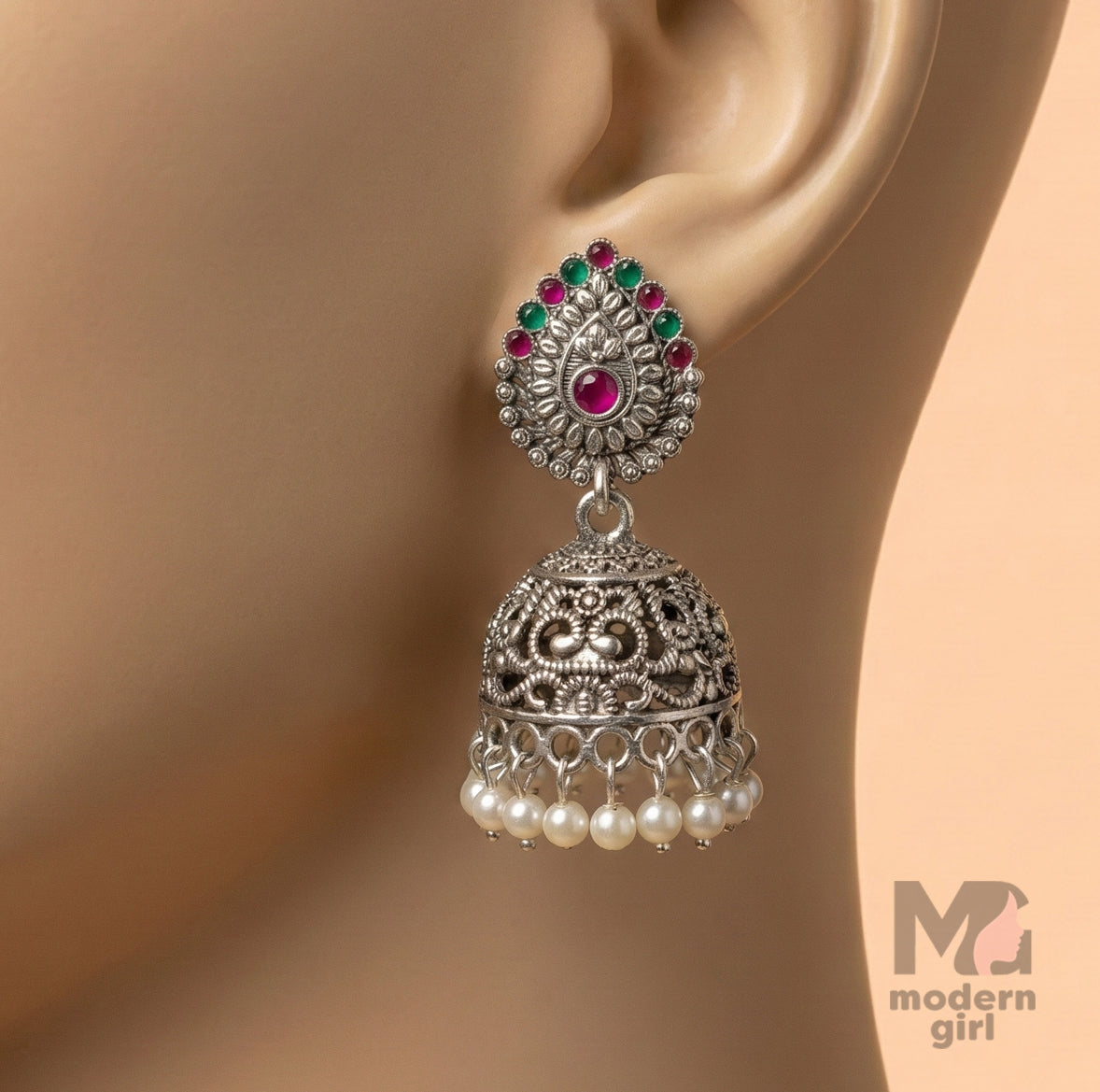 Oxidised Silver Jhumka Earrings with Red & Green Stones