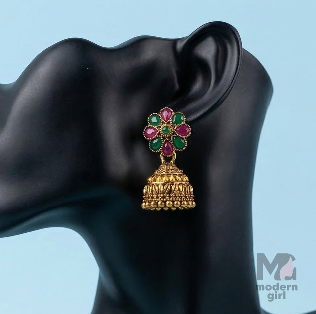 Antique Gold Floral Stone Jhumka Earrings | Red & Green Temple Jewelry for Women