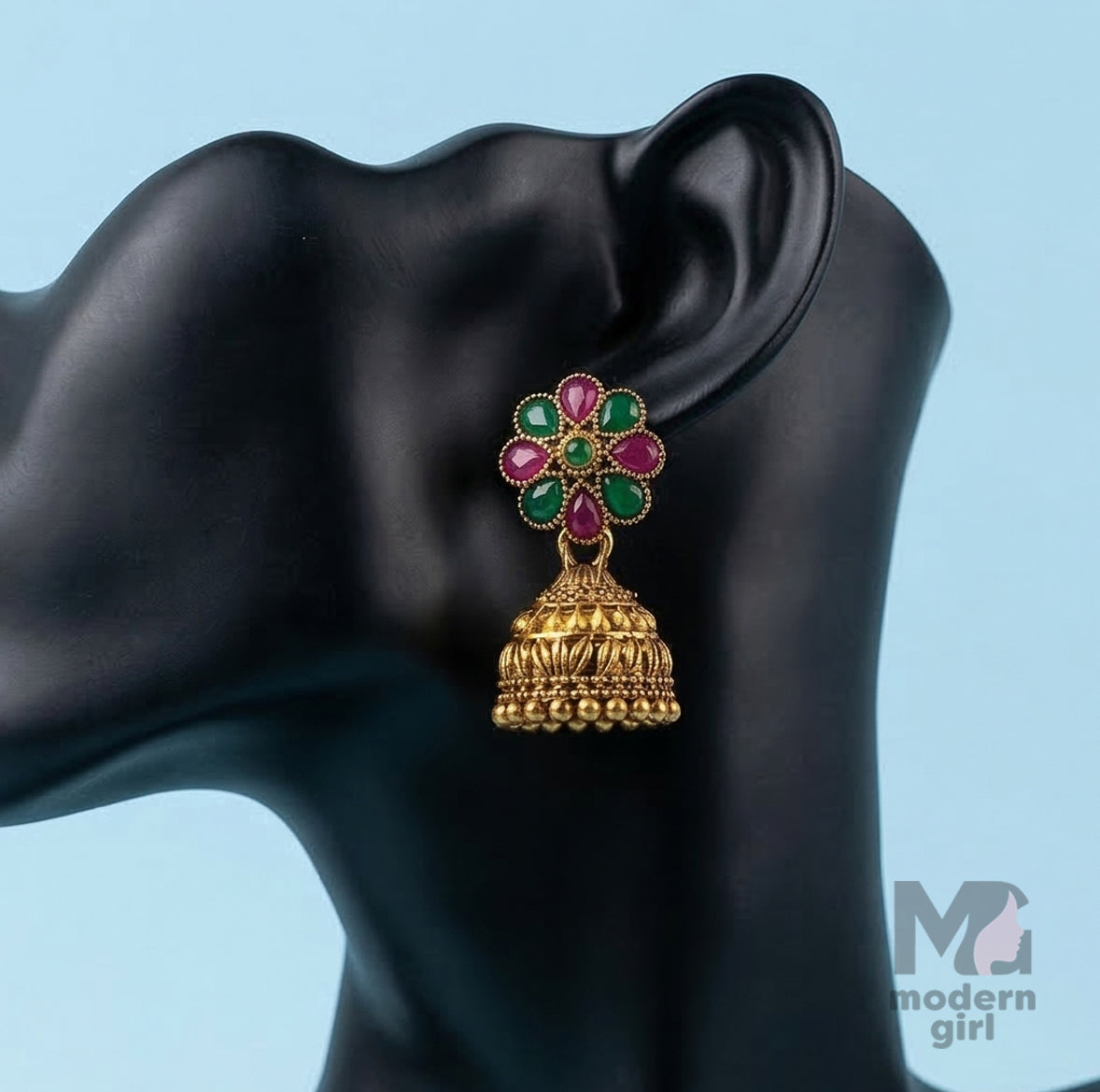 Antique Gold Floral Stone Jhumka Earrings | Red & Green Temple Jewelry for Women