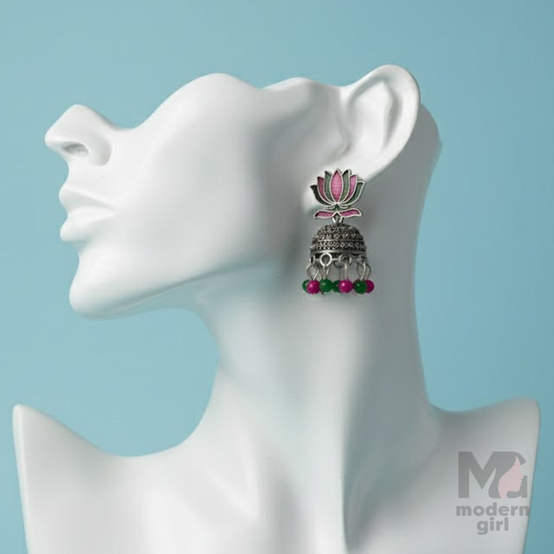 Lotus Motif Oxidized Silver with Pink & Green Enamel