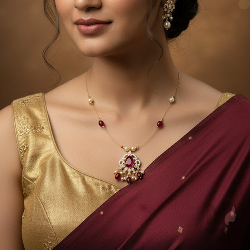 Invisible Chain Necklace with Ruby Pendant & Pearls