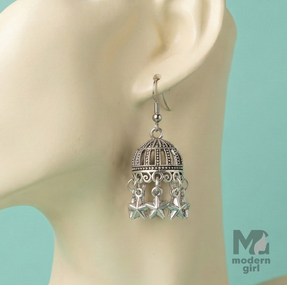 Oxidised Silver Star Jhumka Earrings