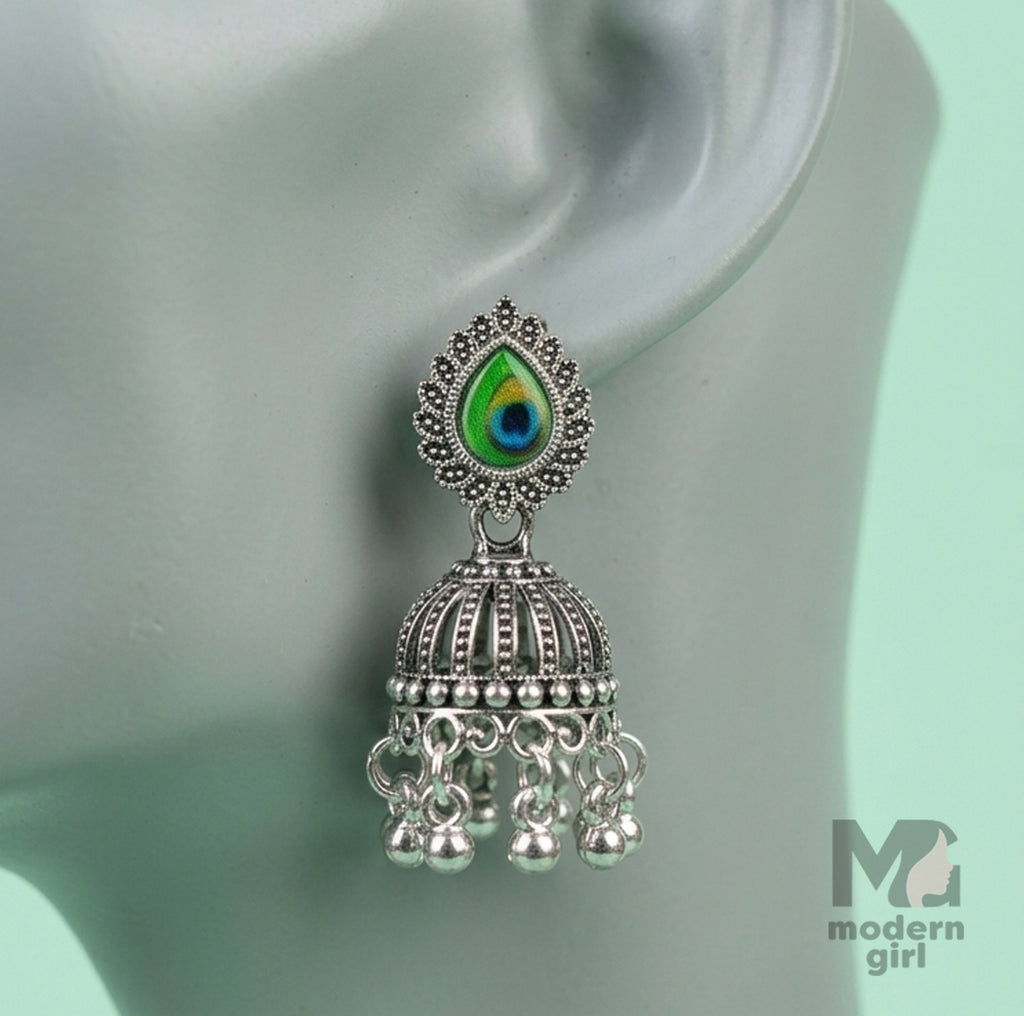 Peacock Eye Stone Oxidized Silver Jhumka Earrings