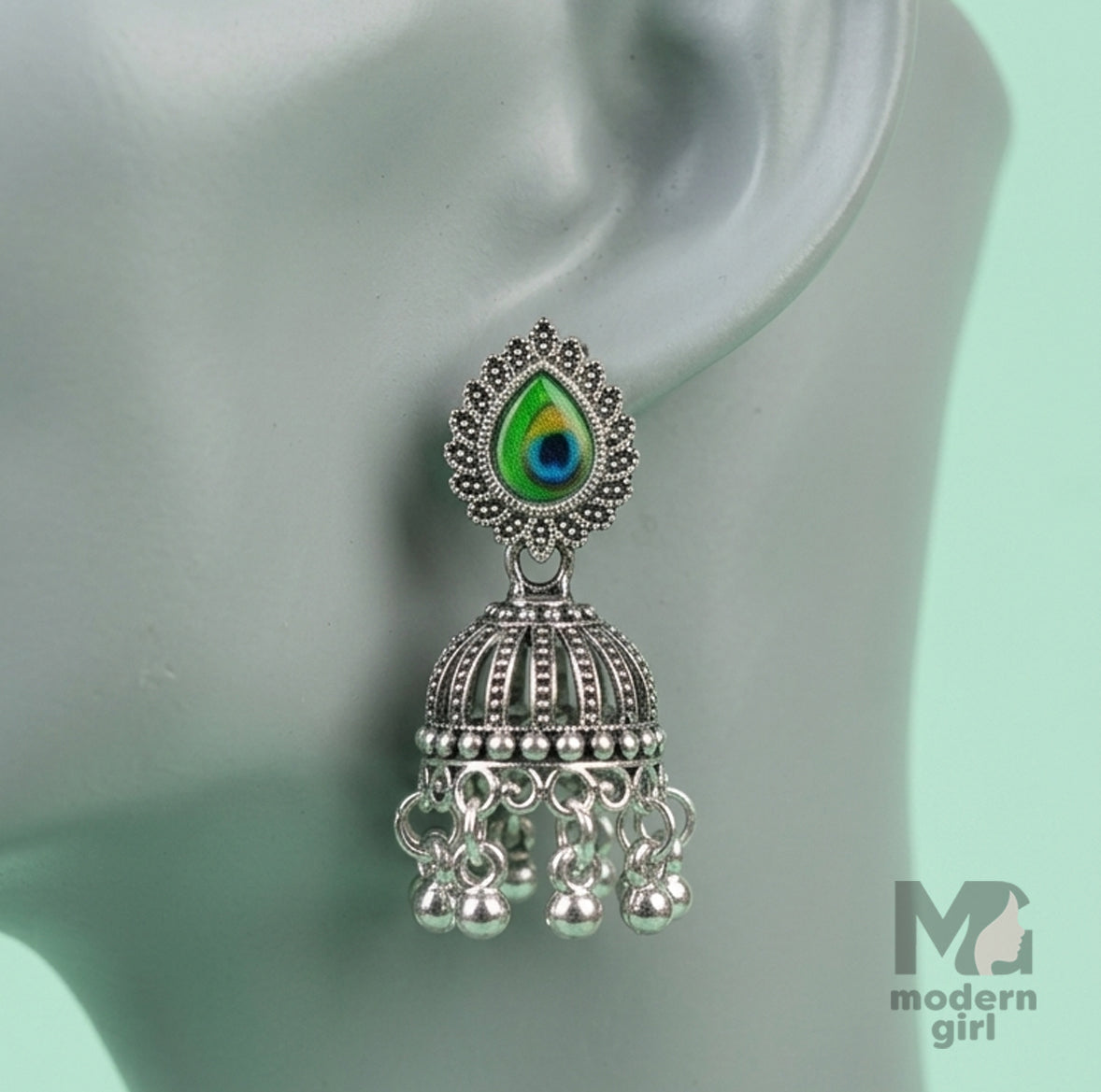 Peacock Eye Stone Oxidized Silver Jhumka Earrings